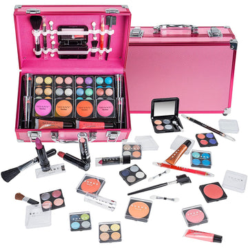 Makeup Train Case with Full Pro Makeup Set – Pink Organizer Kit