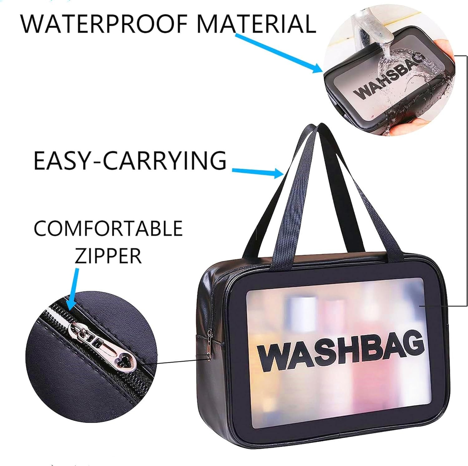 Translucent Waterproof Makeup Bag – Large Travel Toiletry Organizer (Black)