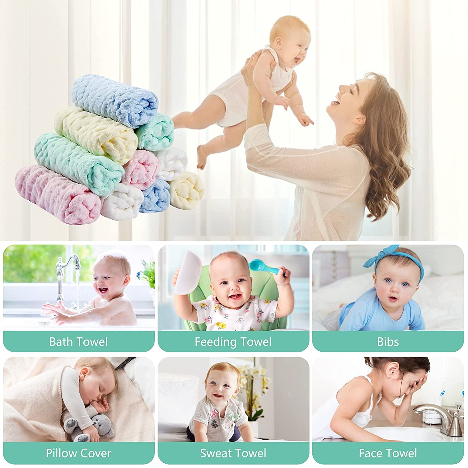 Muslin Baby Washcloths & Towels – 10 Pack Soft Cotton for Newborns