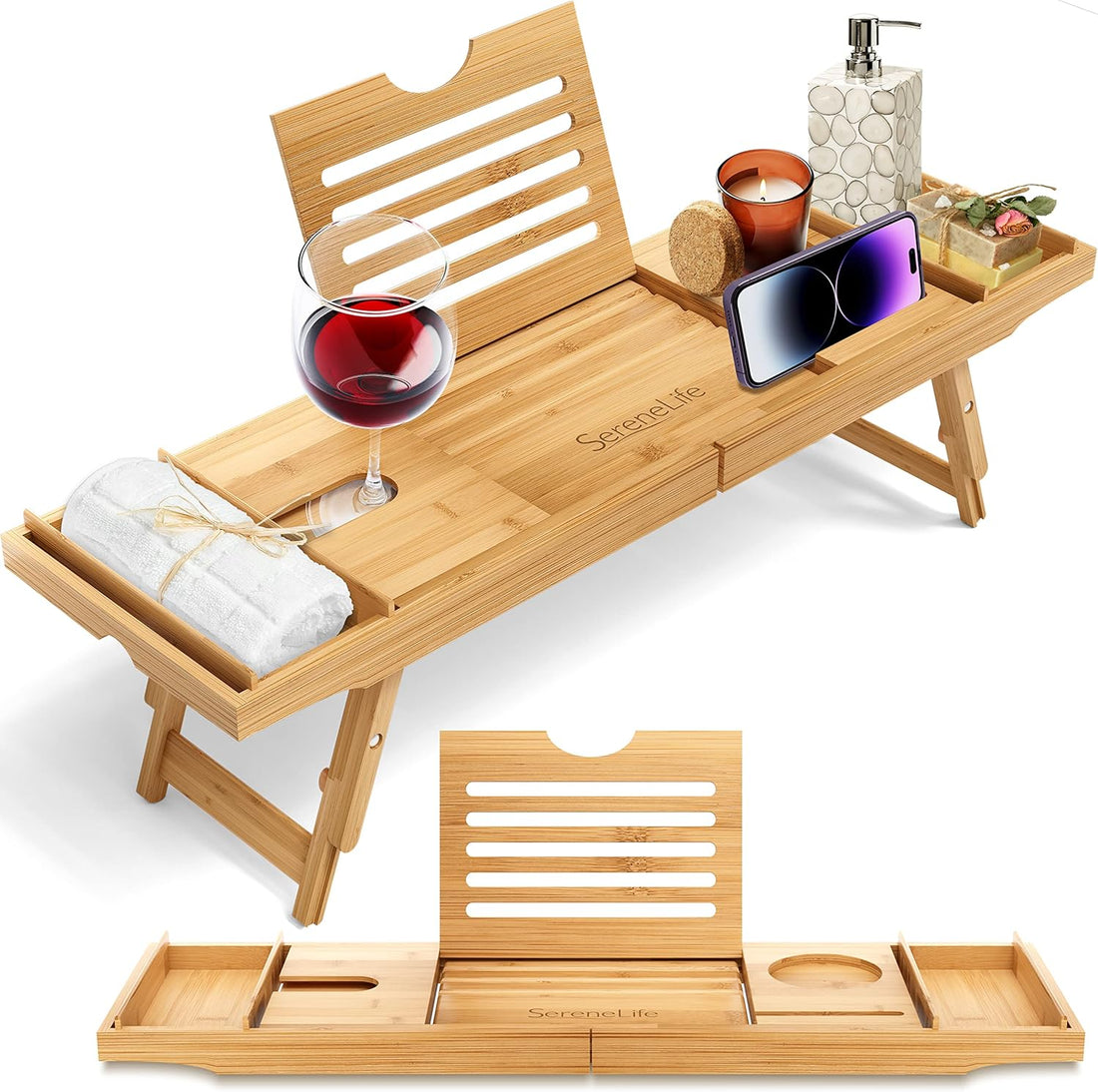 Bamboo Bath Caddy & Bed Tray Combo – Adjustable Waterproof Tray