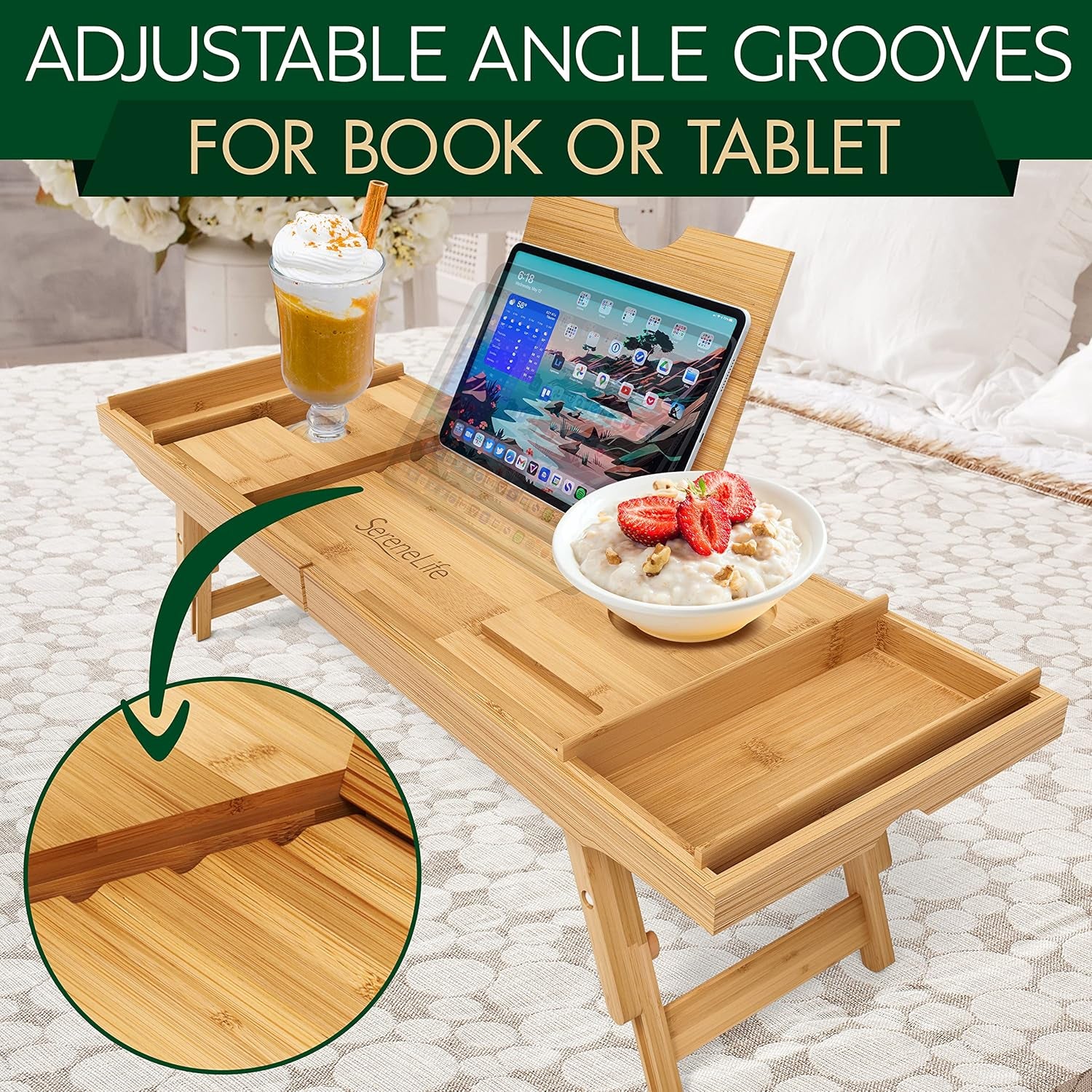 Bamboo Bath Caddy & Bed Tray Combo – Adjustable Waterproof Tray