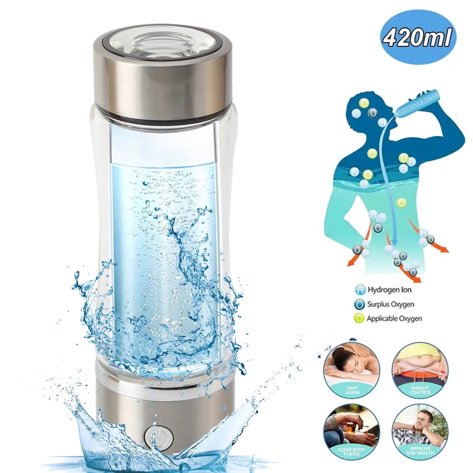 Portable Hydrogen Water Generator Bottle – 420ml Silver