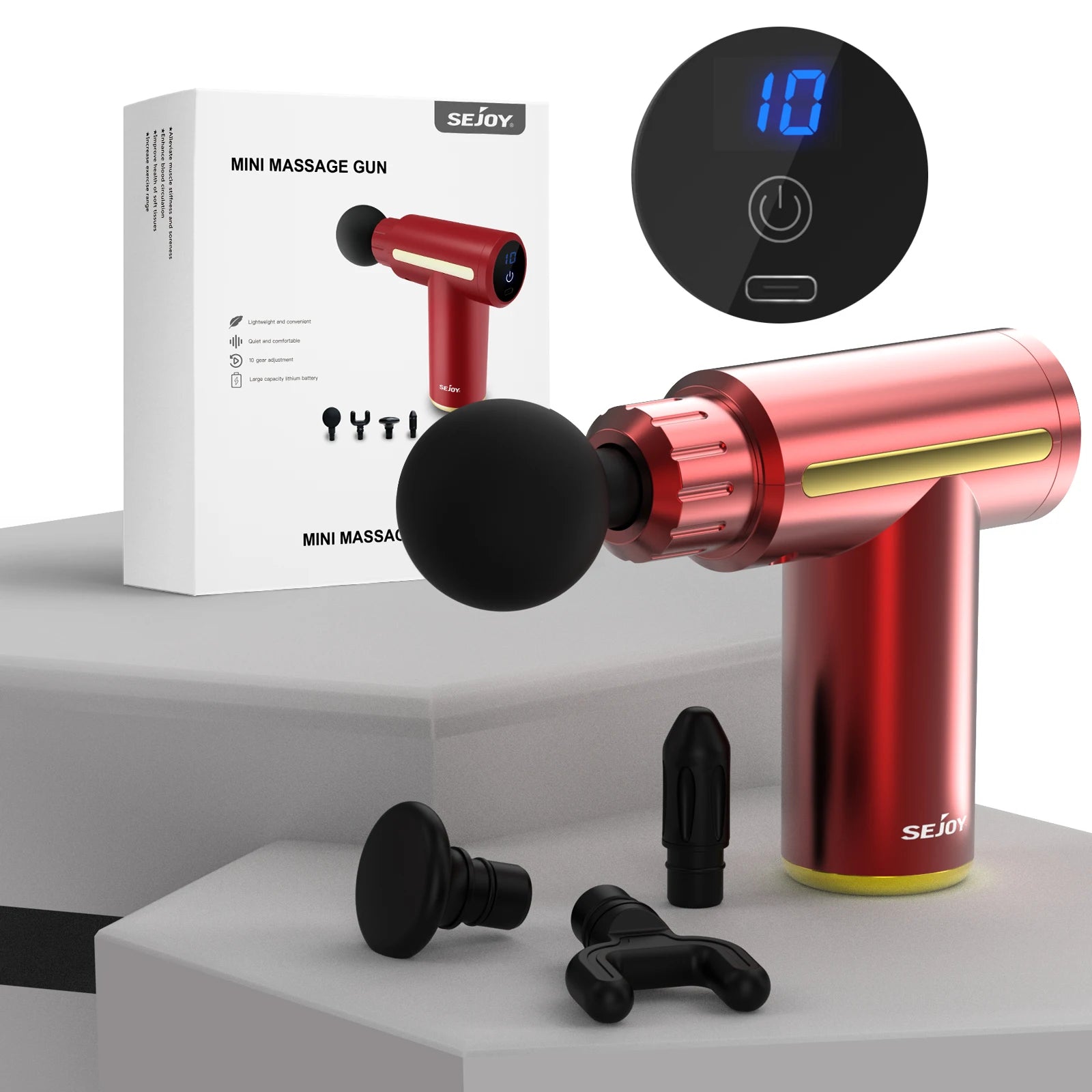 Portable Fascia Massage Gun – LED Touch, 4 Heads, USB Rechargeable