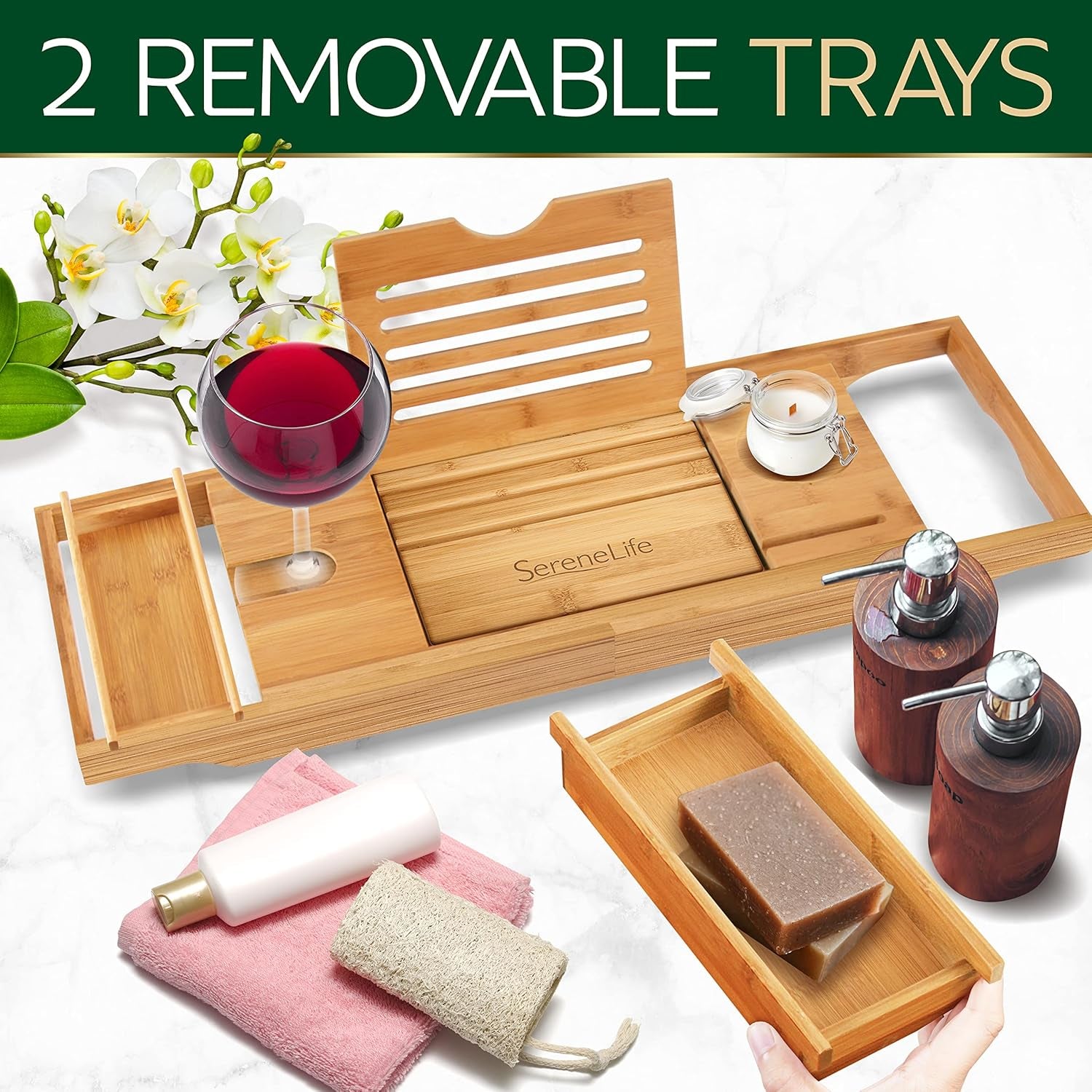 Bamboo Bath Caddy & Bed Tray Combo – Adjustable Waterproof Tray