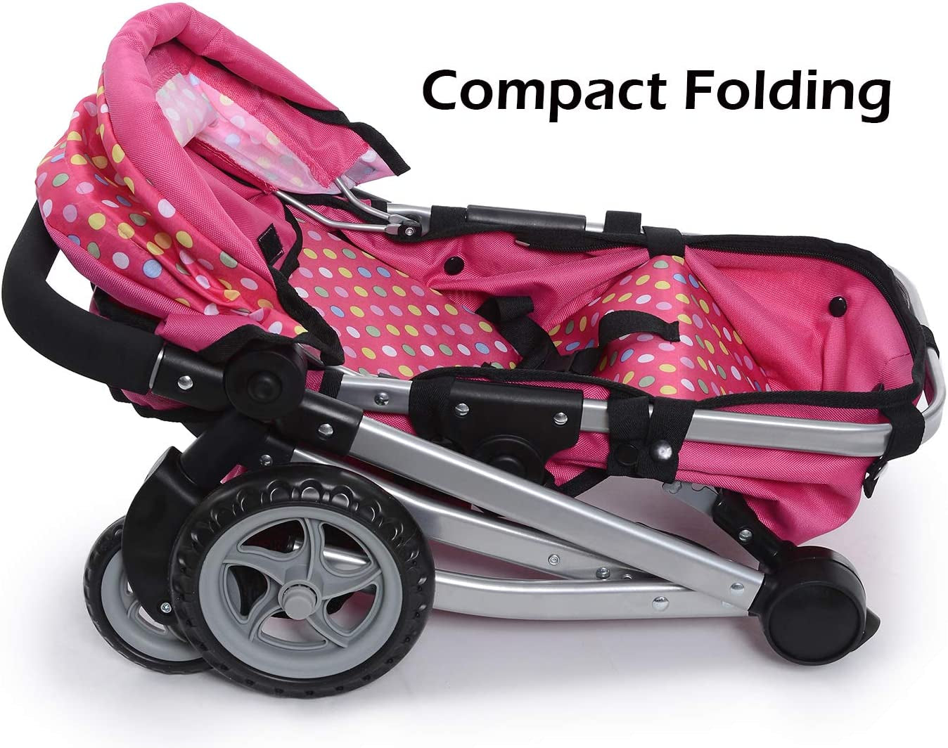 Foldable Baby Doll Stroller with Polka Dots – Adjustable Handle