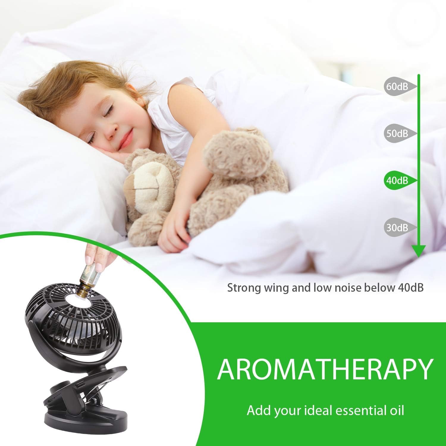 USB Rechargeable Clip-On Stroller Fan – Battery Powered, 40H Runtime