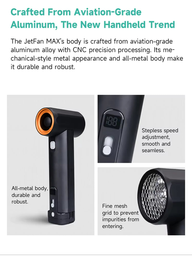 Jetfan Max Turbo Handheld Fan – 85,000RPM, 6x4000mAh, Aluminum Body