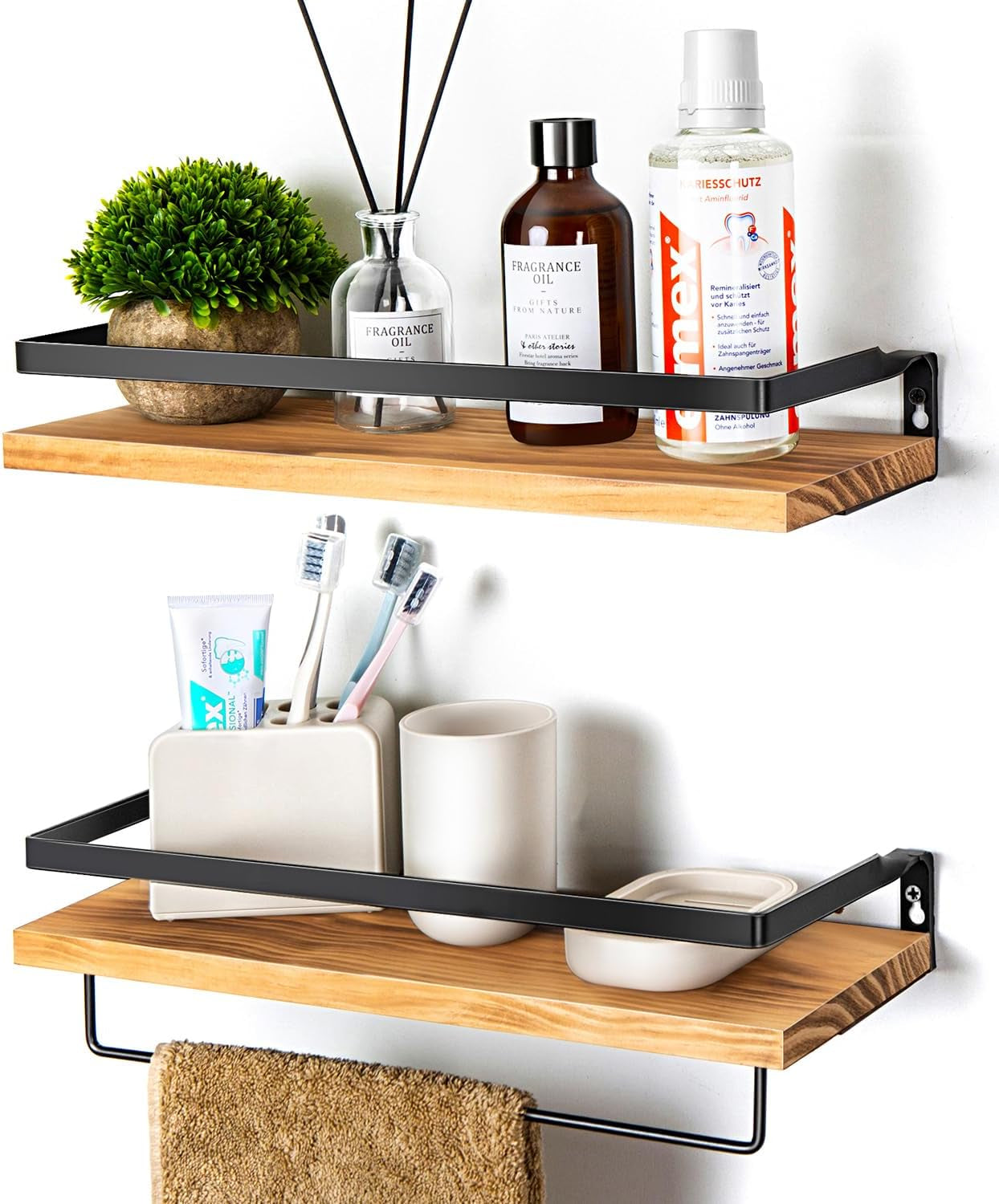 Floating Wall Shelves with Towel Bar – Set of 2 (Carbonized Black)
