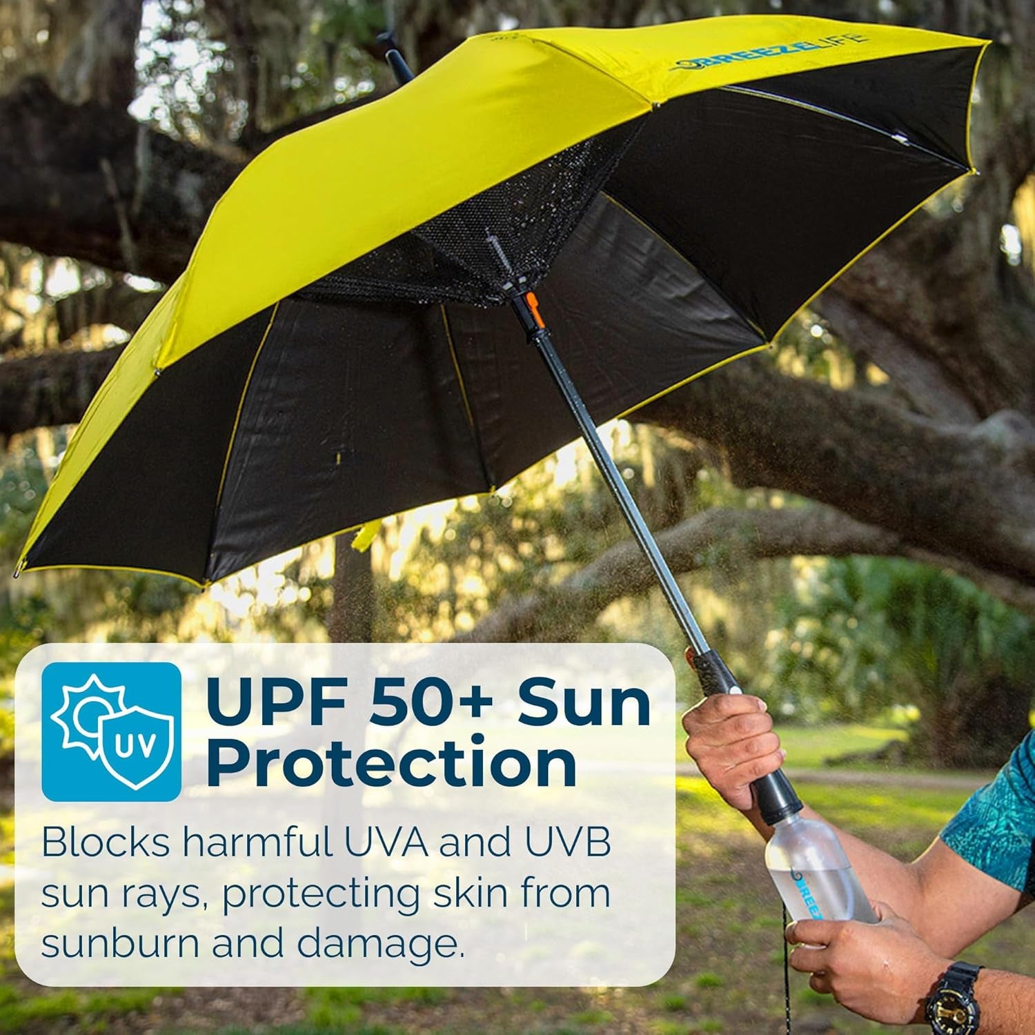 3-in-1 Sun Umbrella with Fan and Mister – UV Protection