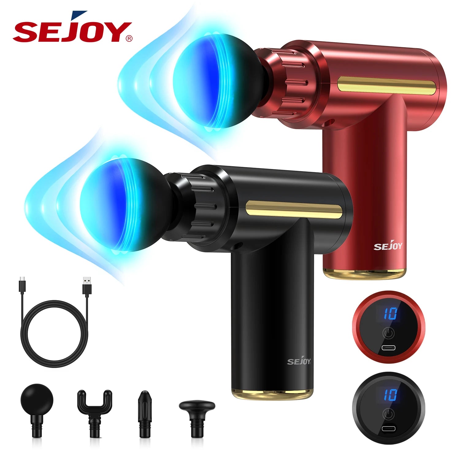 Portable Fascia Massage Gun – LED Touch, 4 Heads, USB Rechargeable