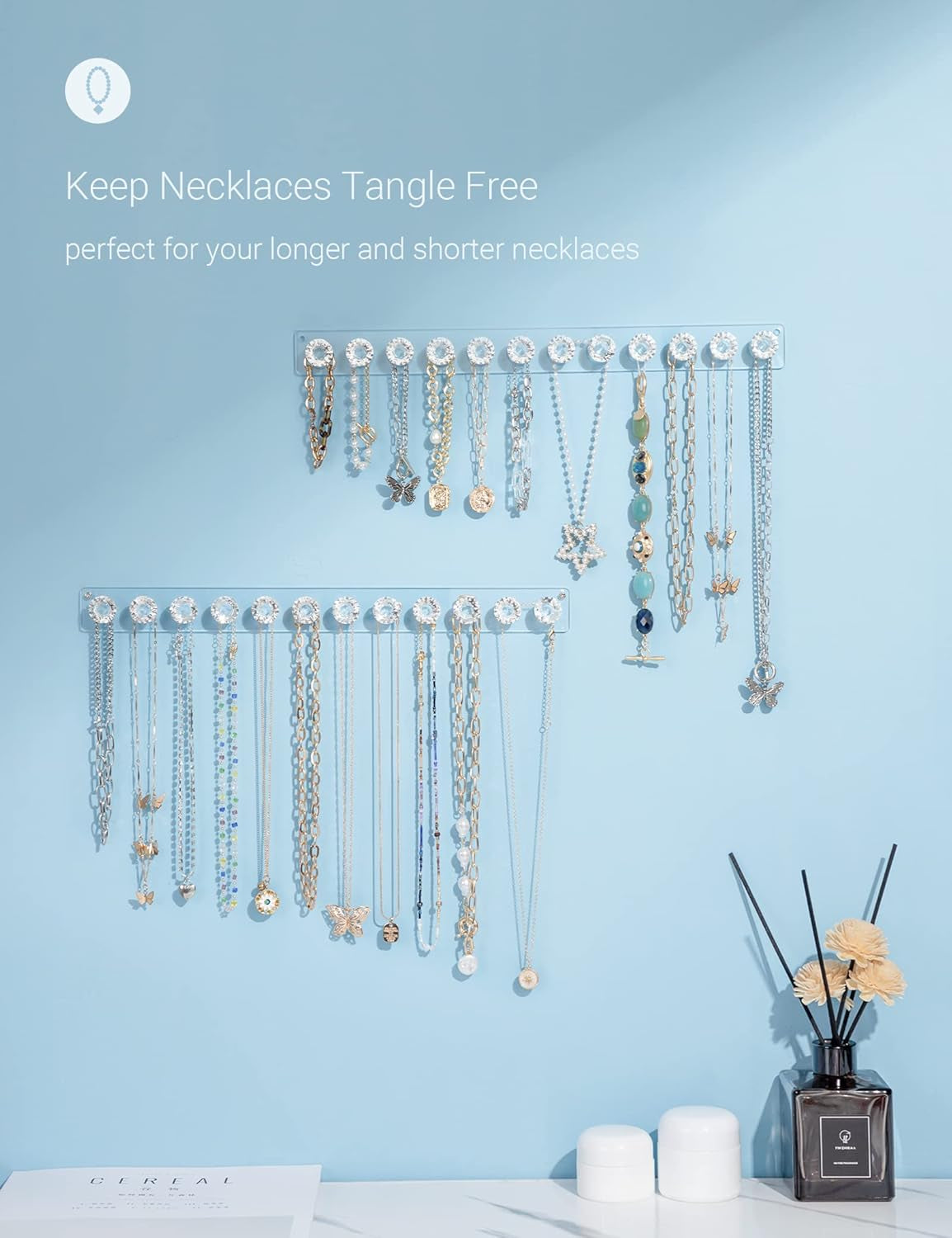 2-Pack Acrylic Necklace Holder – Wall Mounted Jewelry Organizer with 12 Hooks