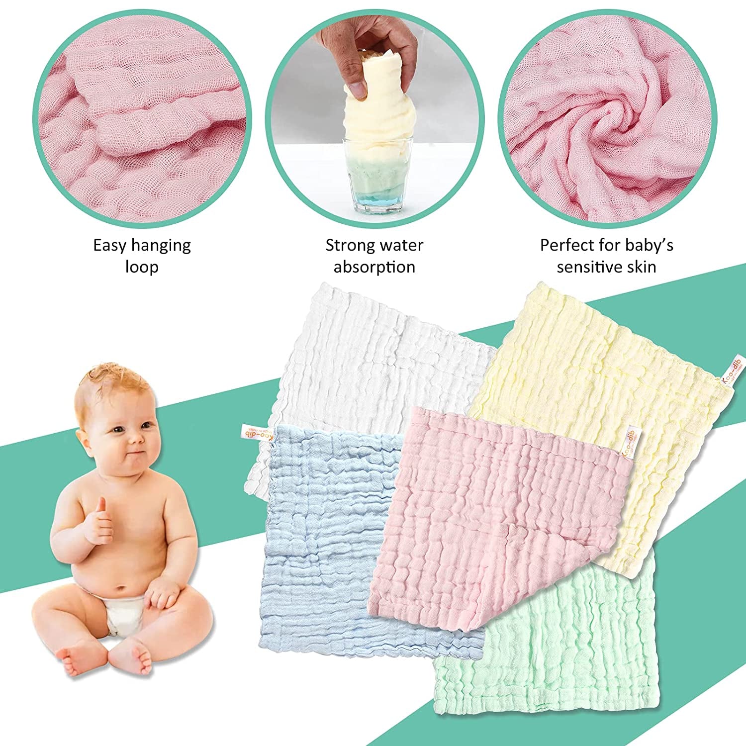 Muslin Baby Washcloths & Towels – 10 Pack Soft Cotton for Newborns