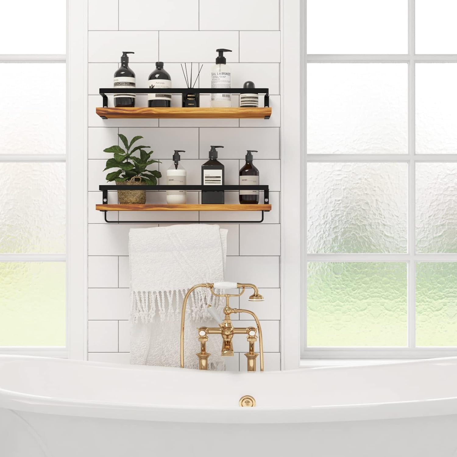 Floating Wall Shelves with Towel Bar – Set of 2 (Carbonized Black)