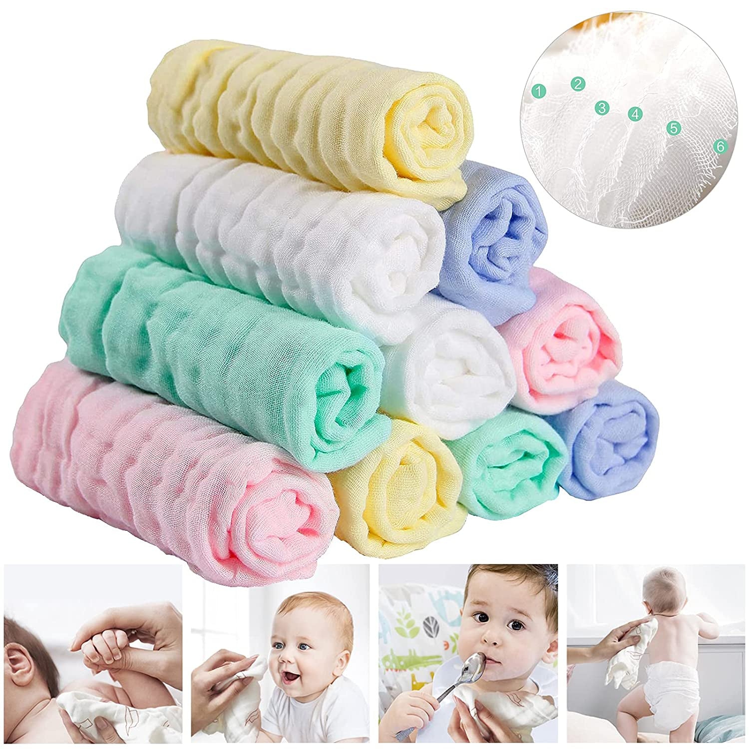 Muslin Baby Washcloths & Towels – 10 Pack Soft Cotton for Newborns