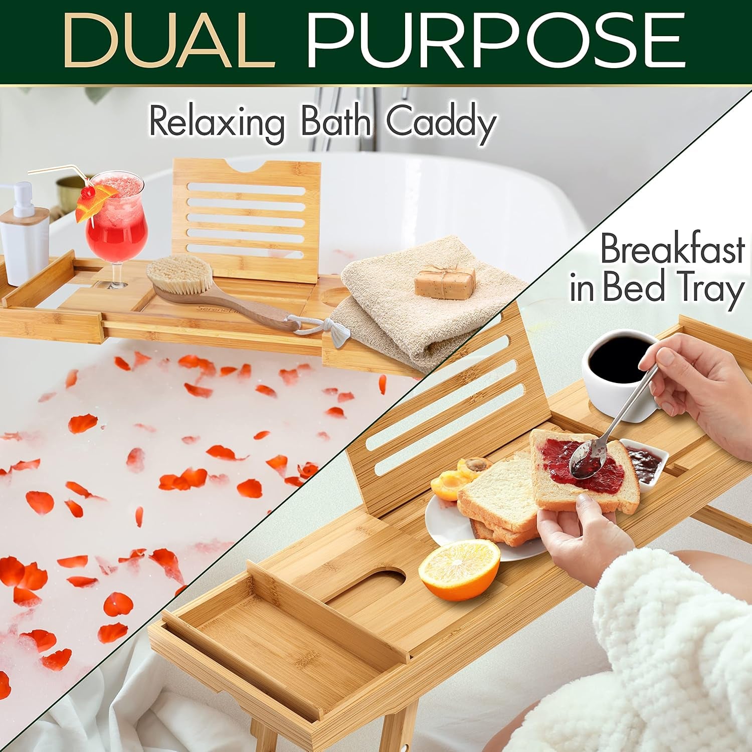 Bamboo Bath Caddy & Bed Tray Combo – Adjustable Waterproof Tray
