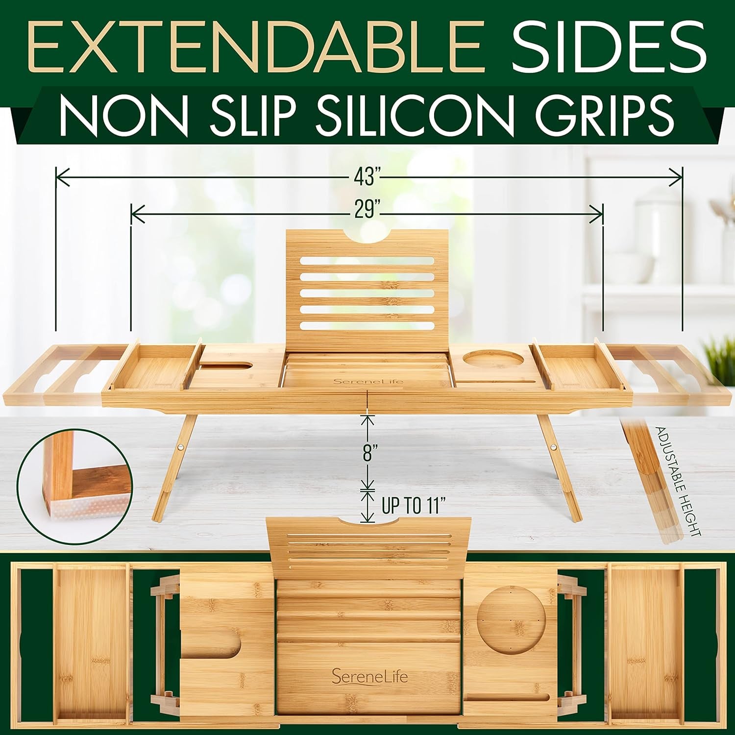 Bamboo Bath Caddy & Bed Tray Combo – Adjustable Waterproof Tray