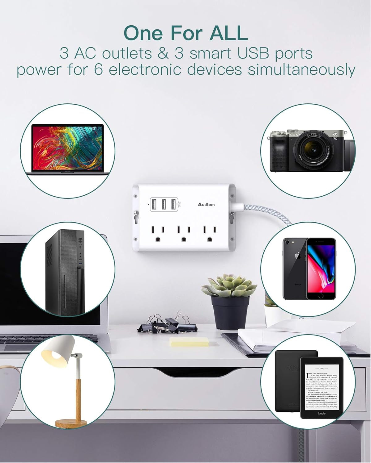 Flat Plug Power Strip with USB, 3 Outlets + 3 USB Ports, 5ft Cord