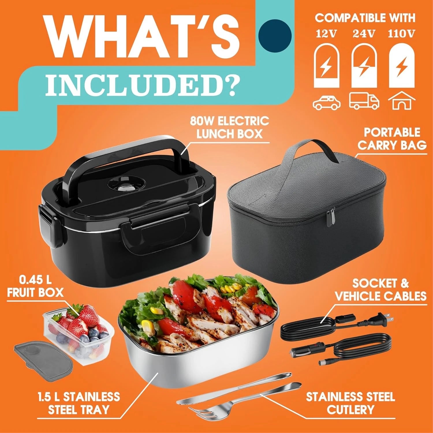 80W Electric Lunch Box for Adults – 1.5L Stainless Steel Food Warmer for Car