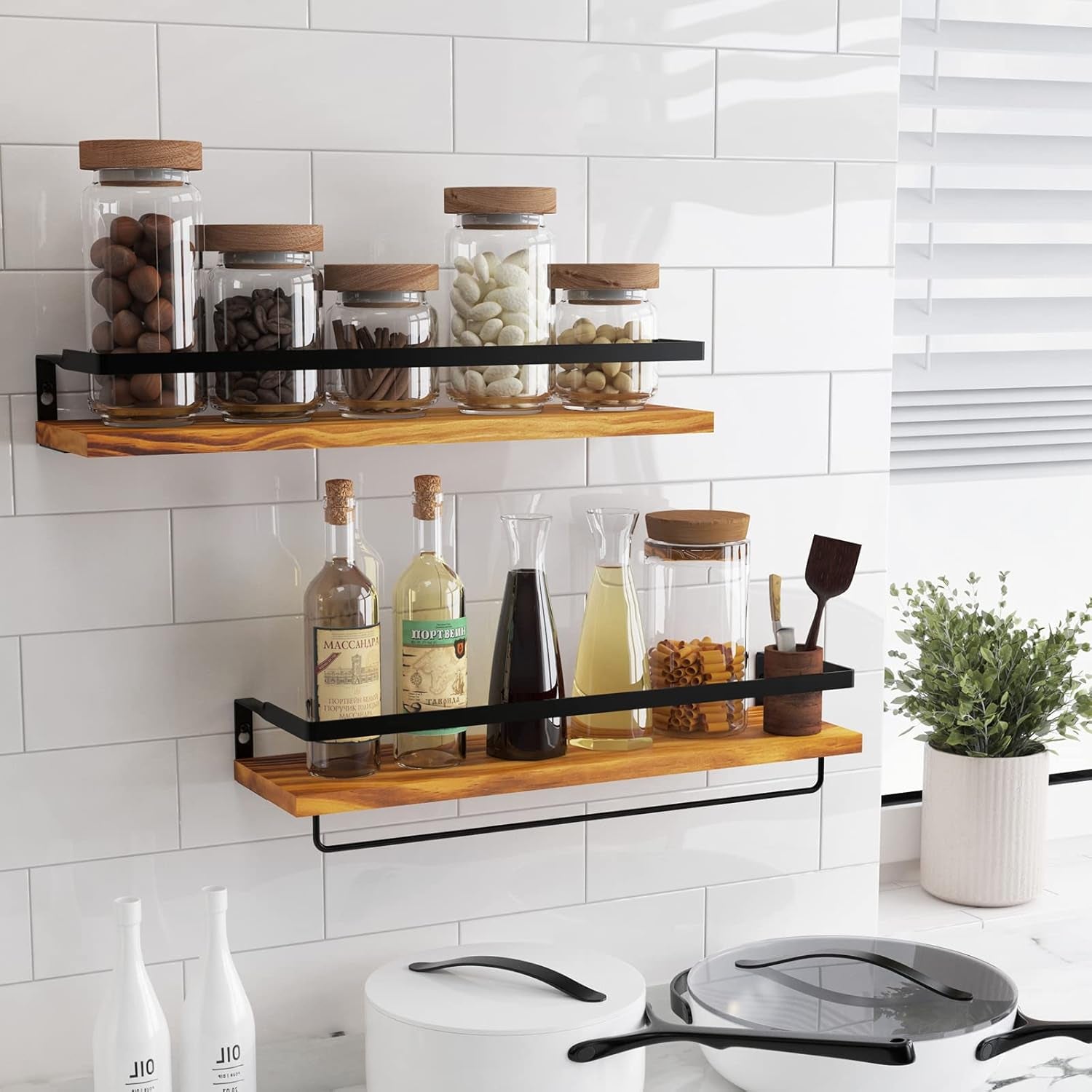 Floating Wall Shelves with Towel Bar – Set of 2 (Carbonized Black)