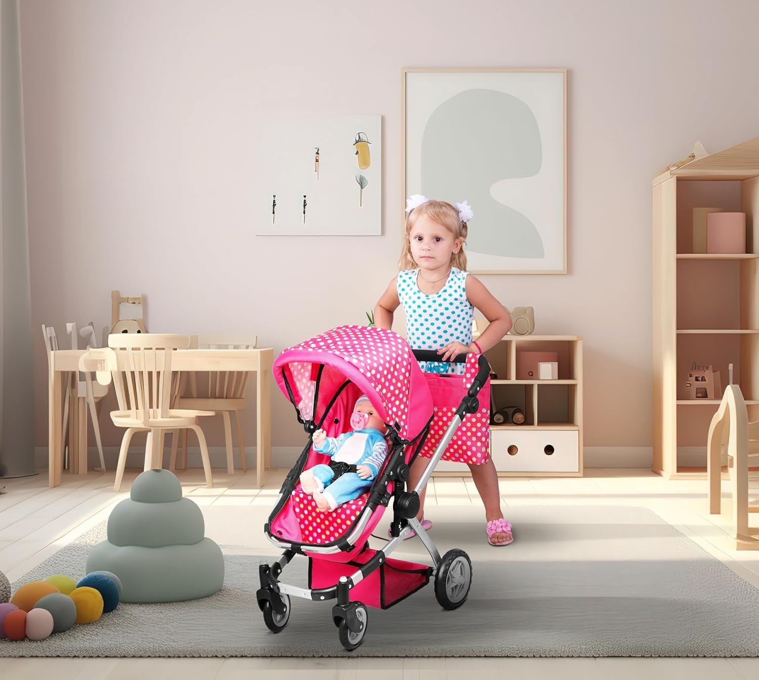 Foldable Baby Doll Stroller with Polka Dots – Adjustable Handle