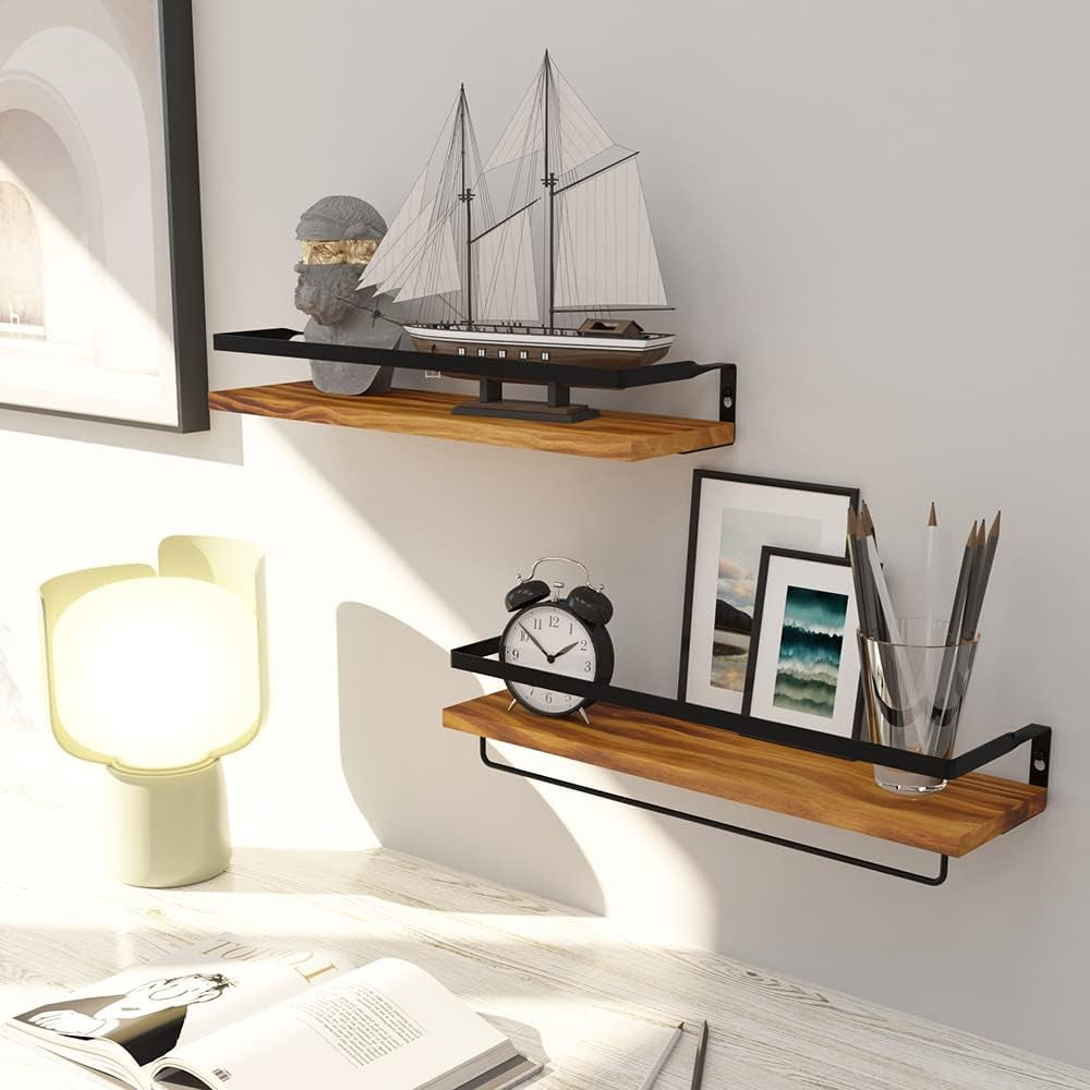 Floating Wall Shelves with Towel Bar – Set of 2 (Carbonized Black)