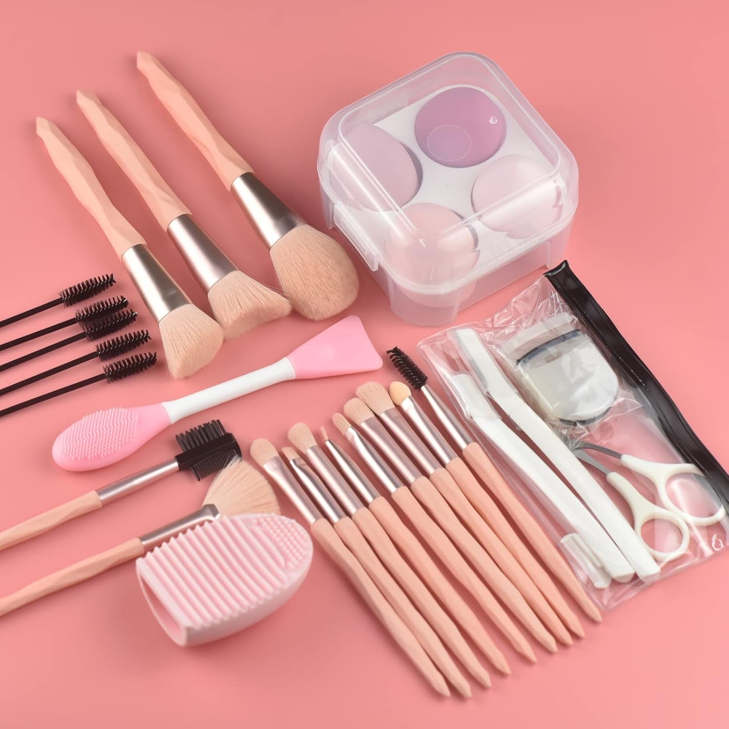 30Pcs Pink Makeup Brush & Sponge Set with Tools