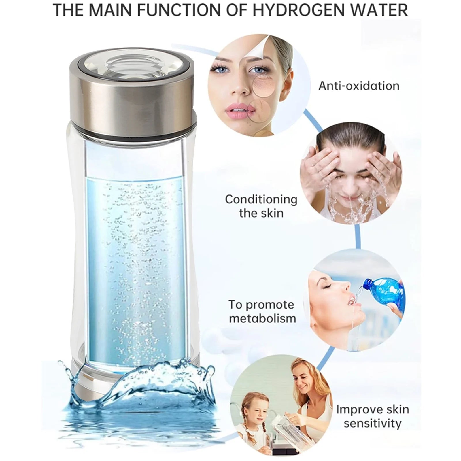 Portable Hydrogen Water Generator Bottle – 420ml Silver