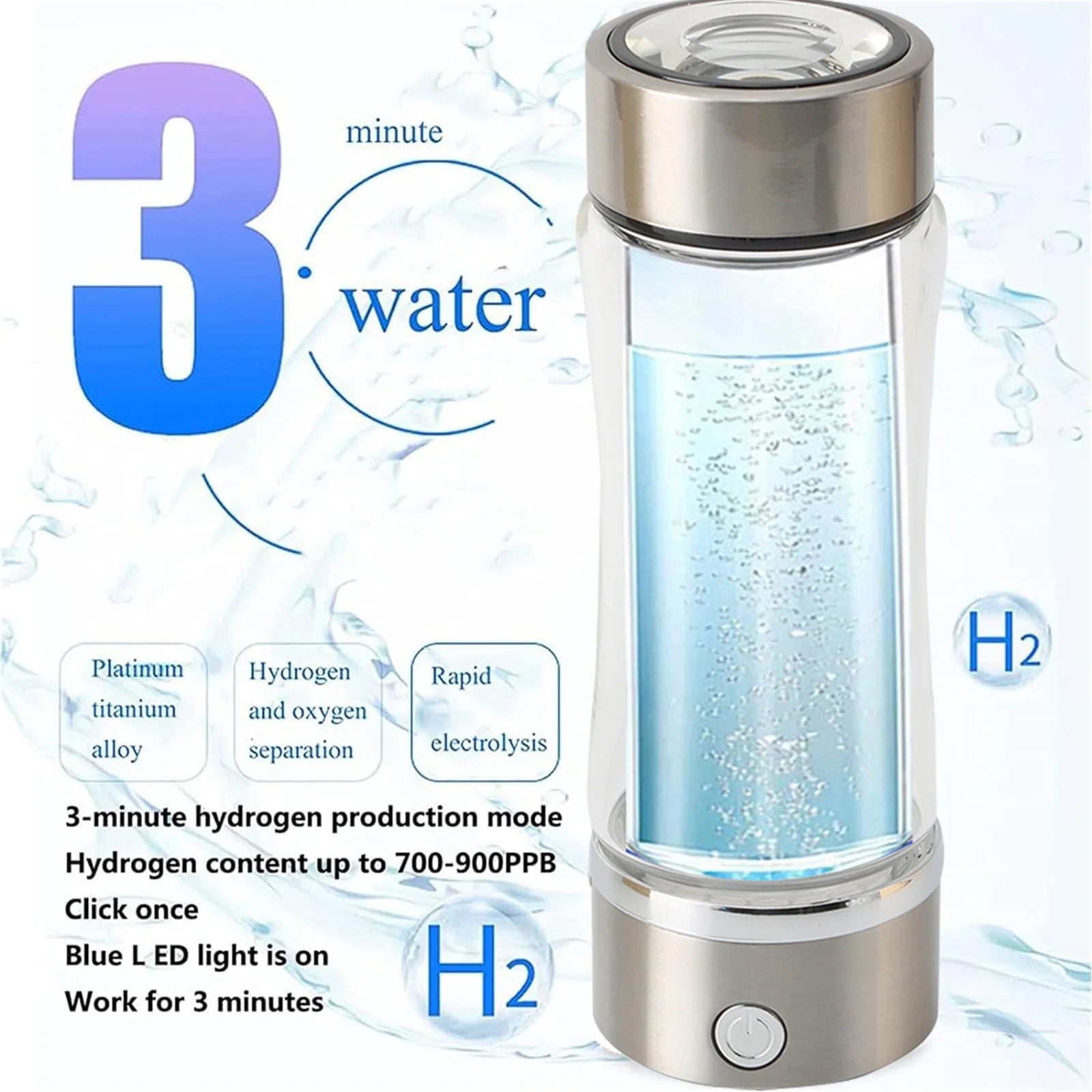 Portable Hydrogen Water Generator Bottle – 420ml Silver