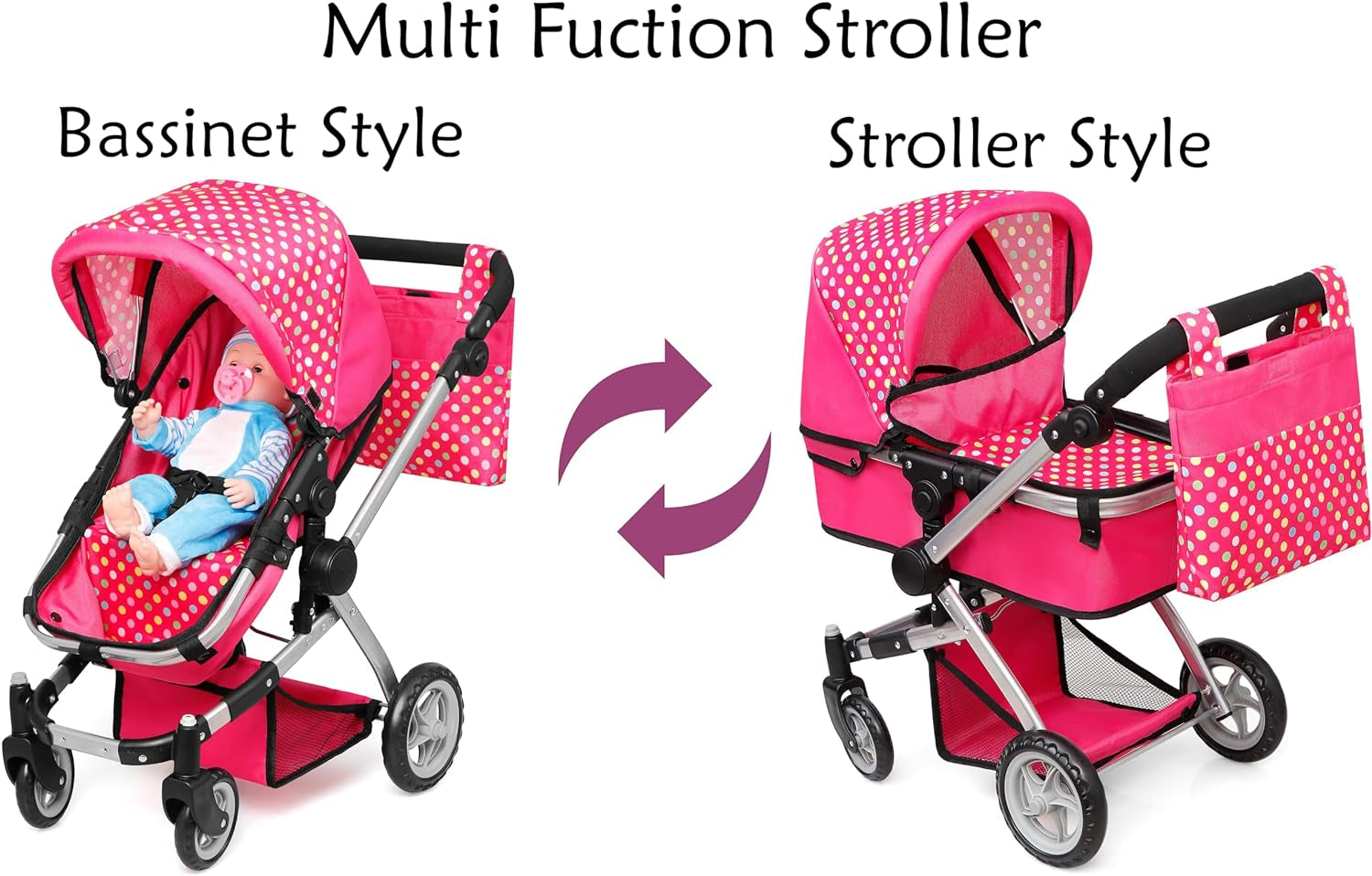 Foldable Baby Doll Stroller with Polka Dots – Adjustable Handle