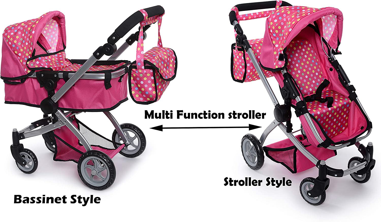 Foldable Baby Doll Stroller with Polka Dots – Adjustable Handle