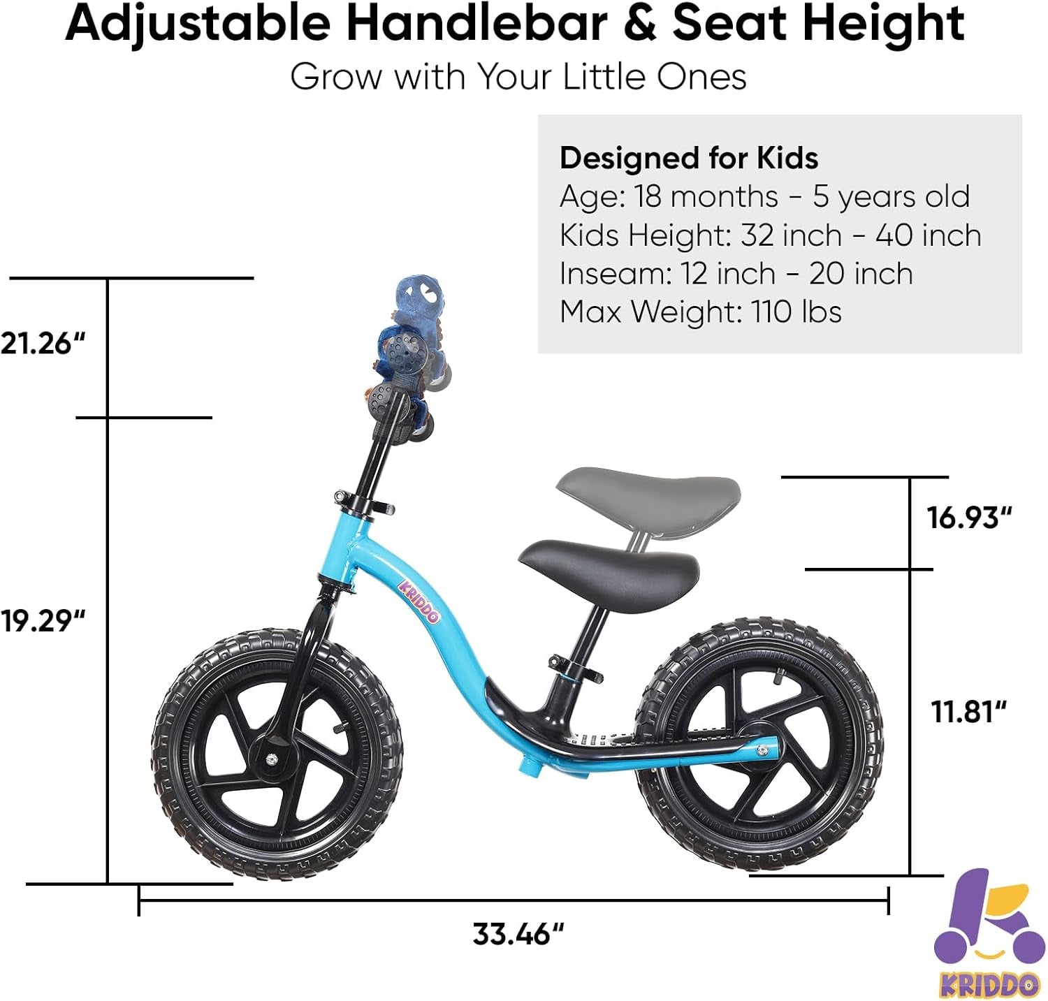 Toddler Balance Bike for Ages 2–5 with Stuffed Animal – Blue