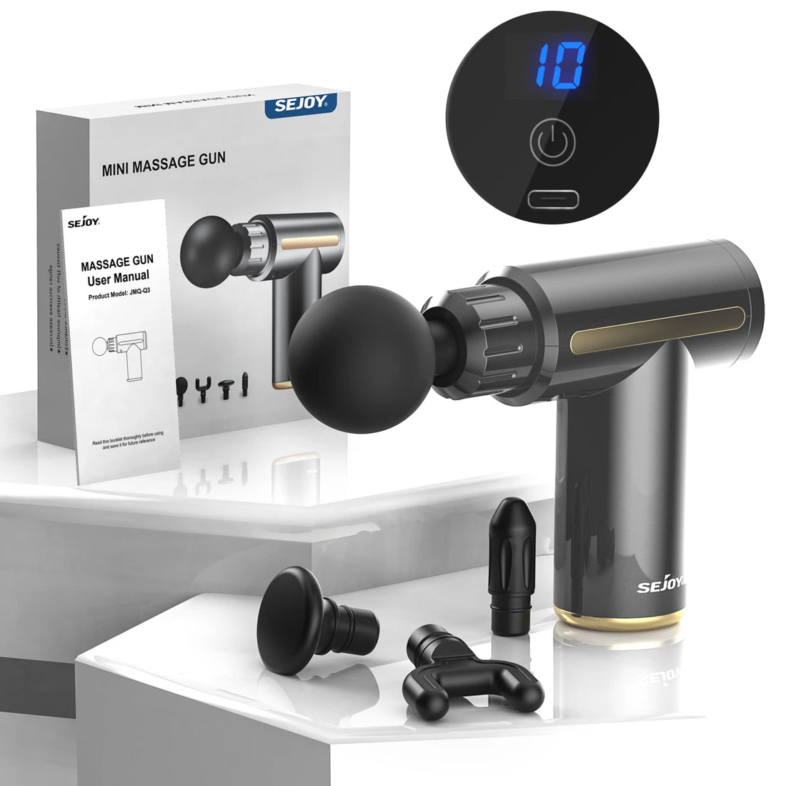 Portable Fascia Massage Gun – LED Touch, 4 Heads, USB Rechargeable