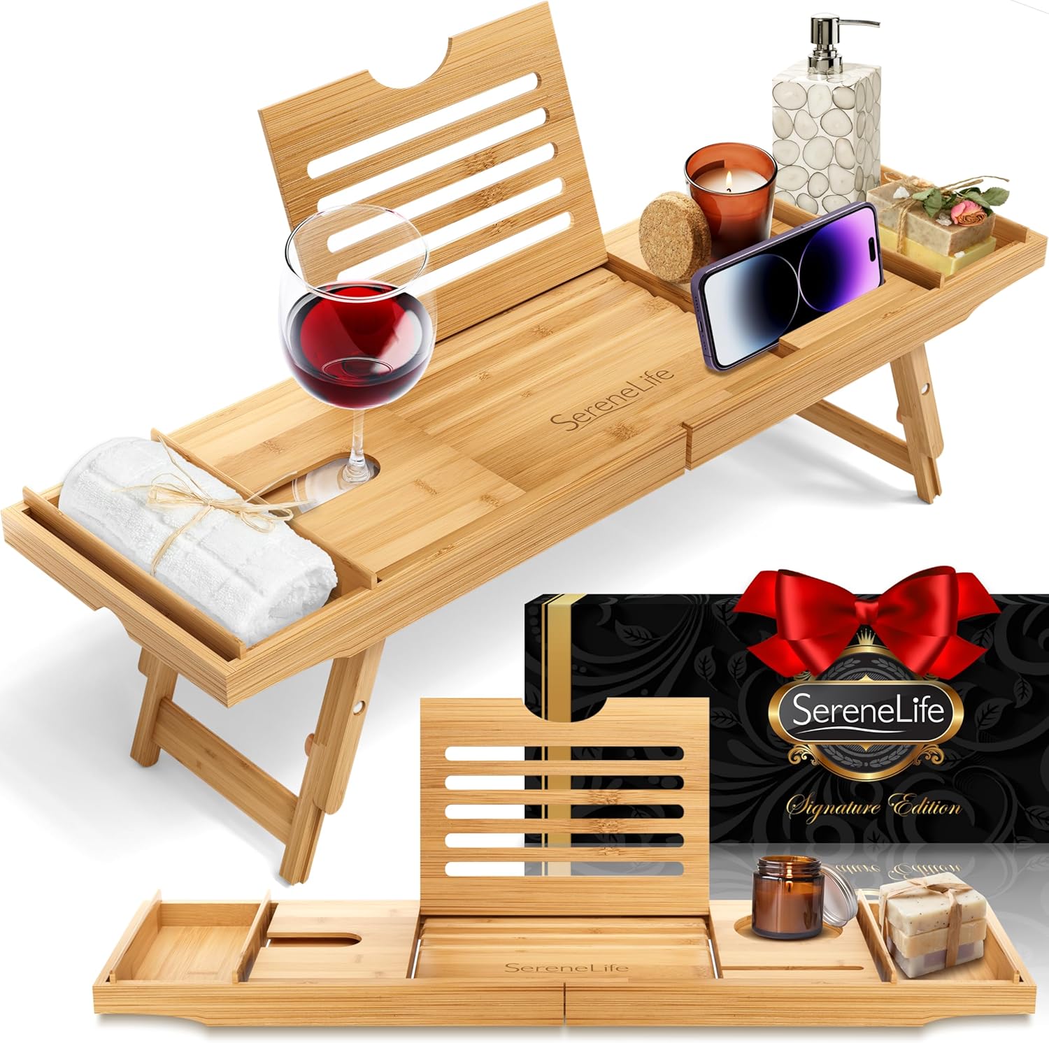 Bamboo Bath Caddy & Bed Tray Combo – Adjustable Waterproof Tray