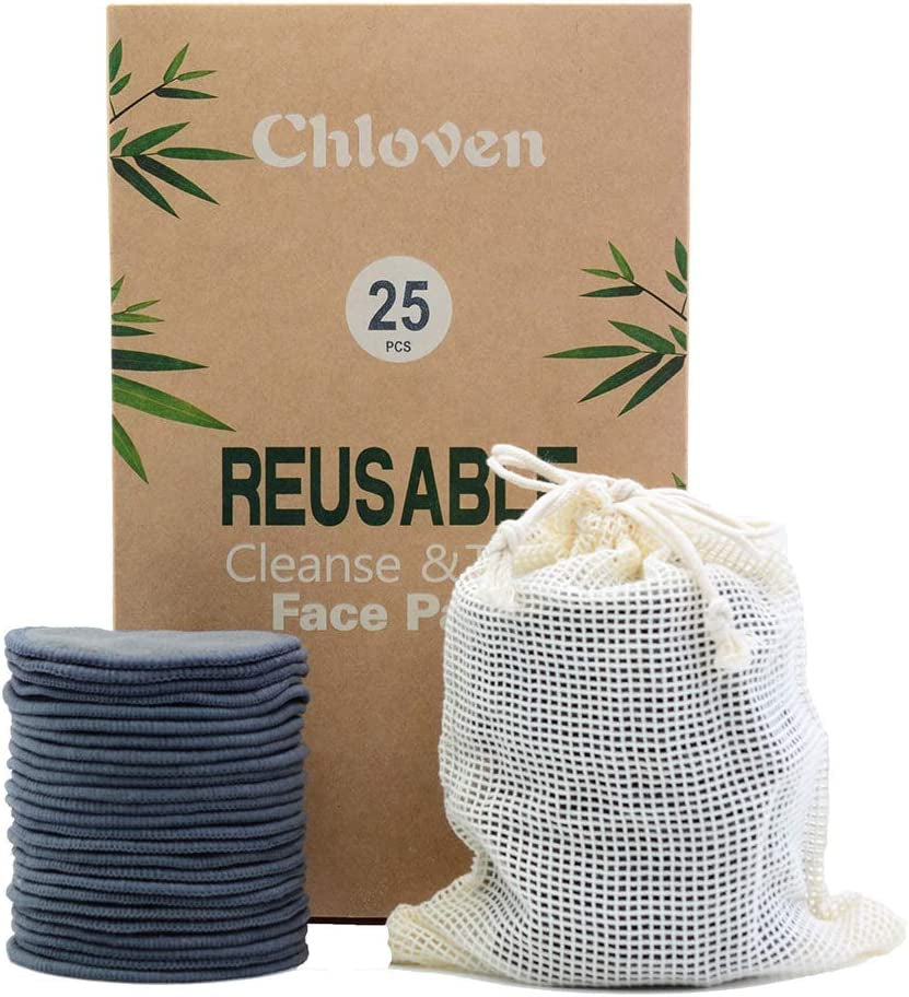 25-Pack Charcoal Bamboo Reusable Makeup Remover Pads with Laundry Bag