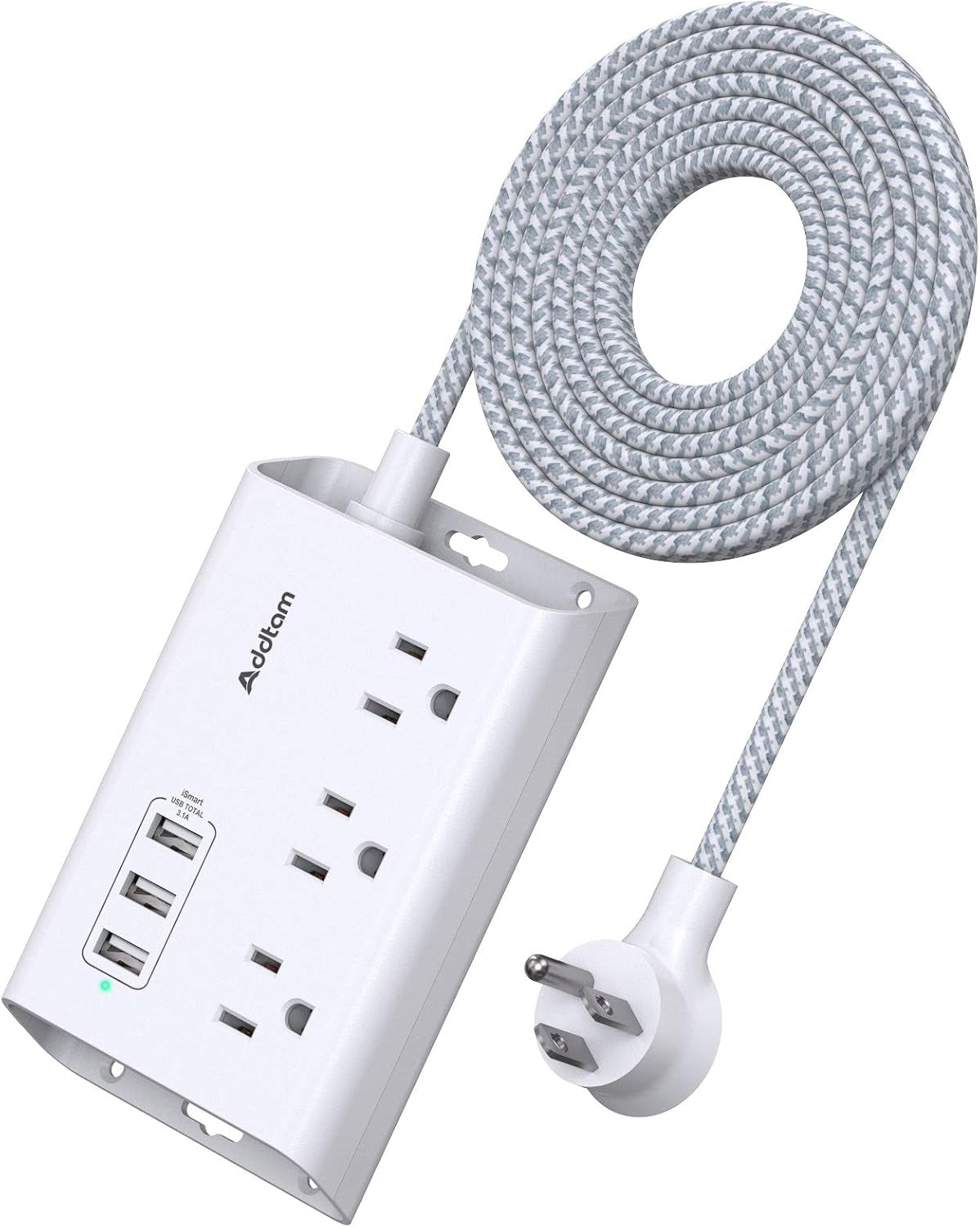 Flat Plug Power Strip with USB, 3 Outlets + 3 USB Ports, 5ft Cord