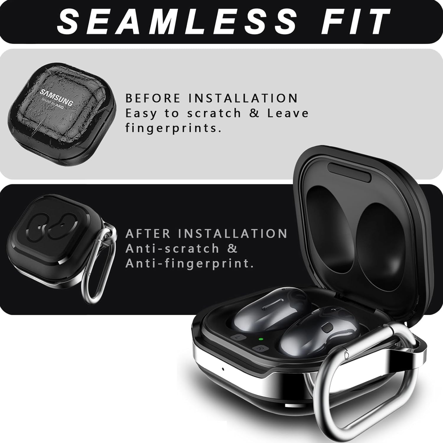 TPU Metal Case for Galaxy Buds FE/2 Pro/Live – Black with Keychain Clip