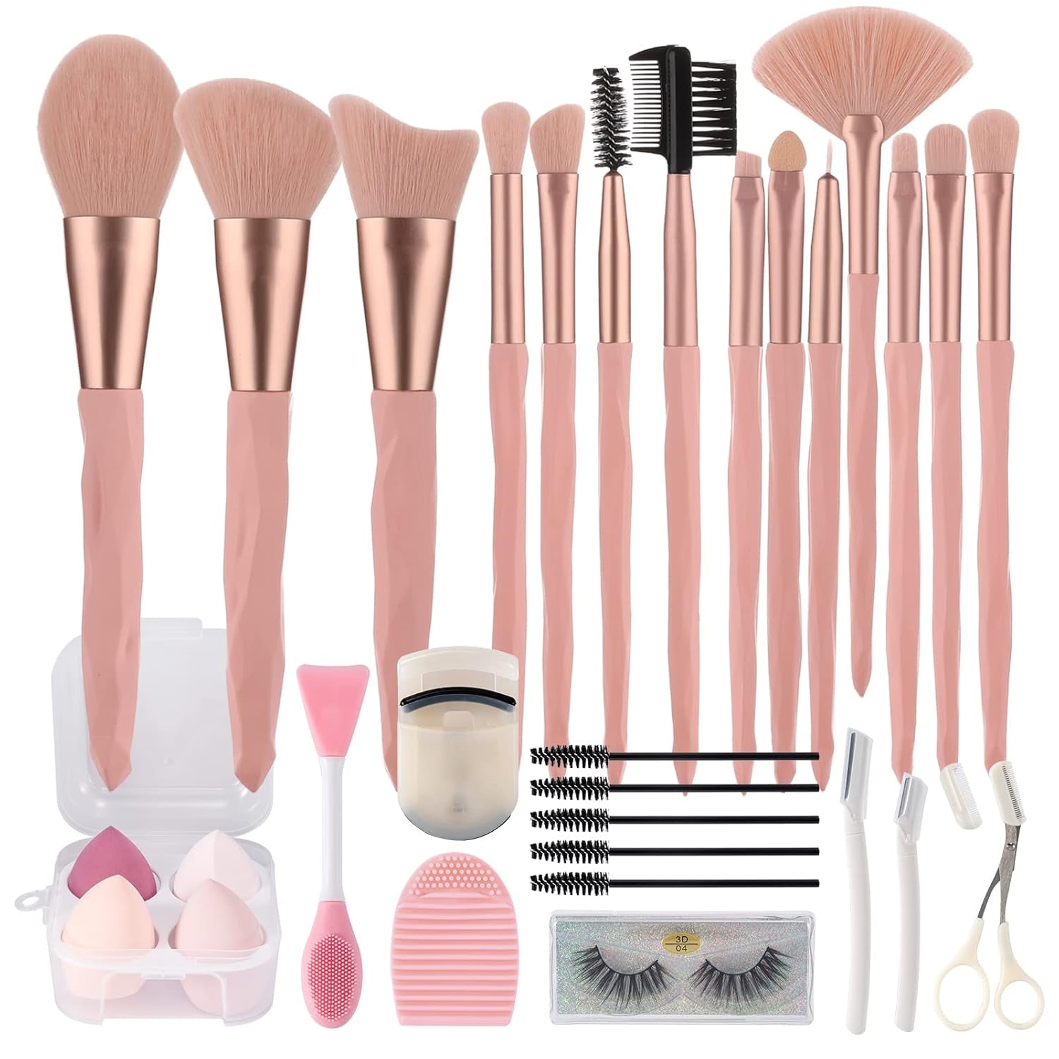 30Pcs Pink Makeup Brush & Sponge Set with Tools
