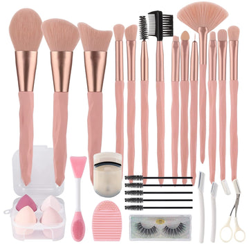 30Pcs Pink Makeup Brush & Sponge Set with Tools