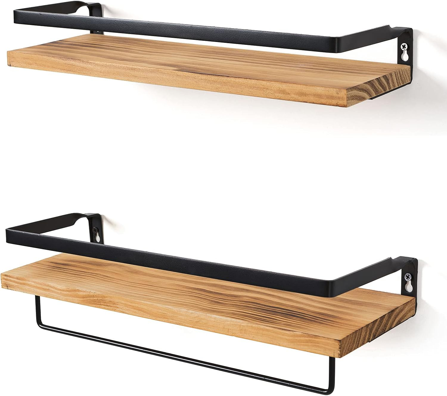 Floating Wall Shelves with Towel Bar – Set of 2 (Carbonized Black)
