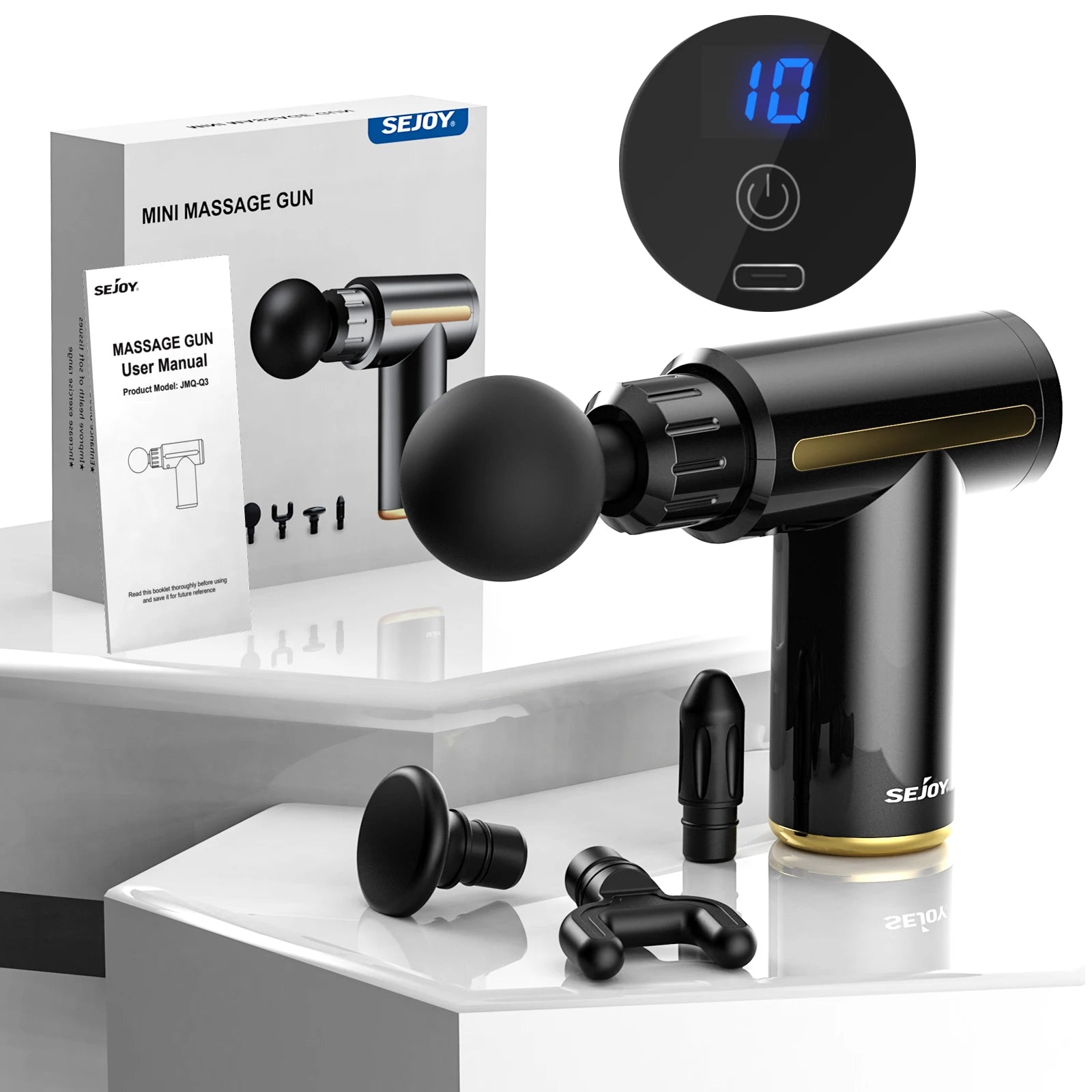 Portable Fascia Massage Gun – LED Touch, 4 Heads, USB Rechargeable