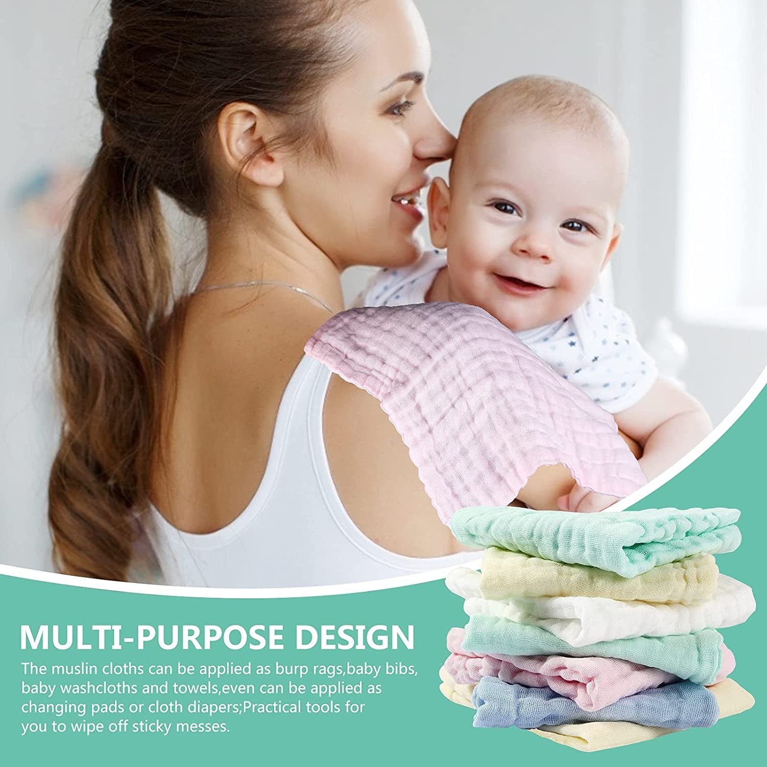 Muslin Baby Washcloths & Towels – 10 Pack Soft Cotton for Newborns