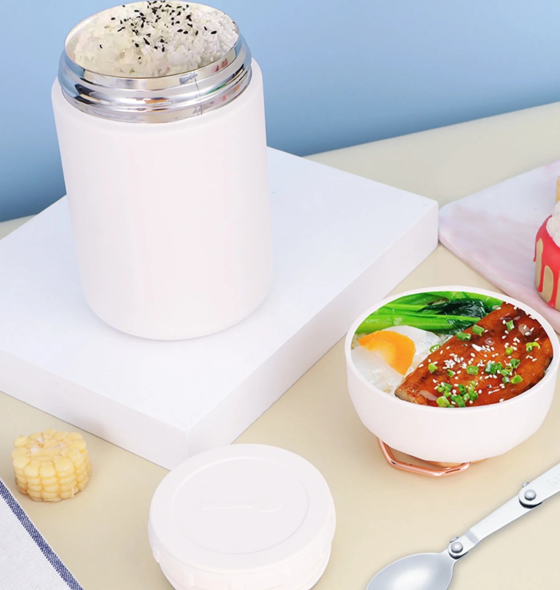 20oz White Stainless Steel Insulated Food Thermos with Spoon