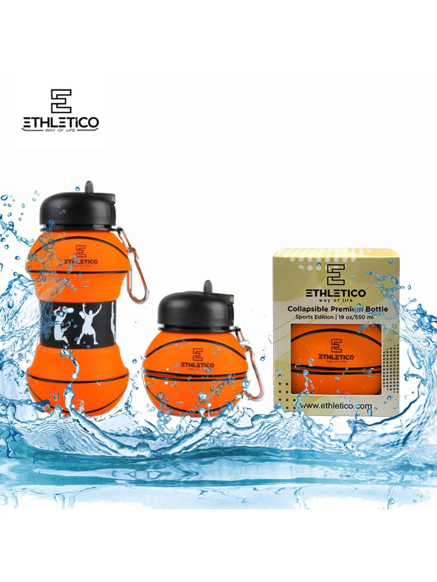 Basketball Silicone Collapsible Water Bottle for Kids, 19oz Leakproof