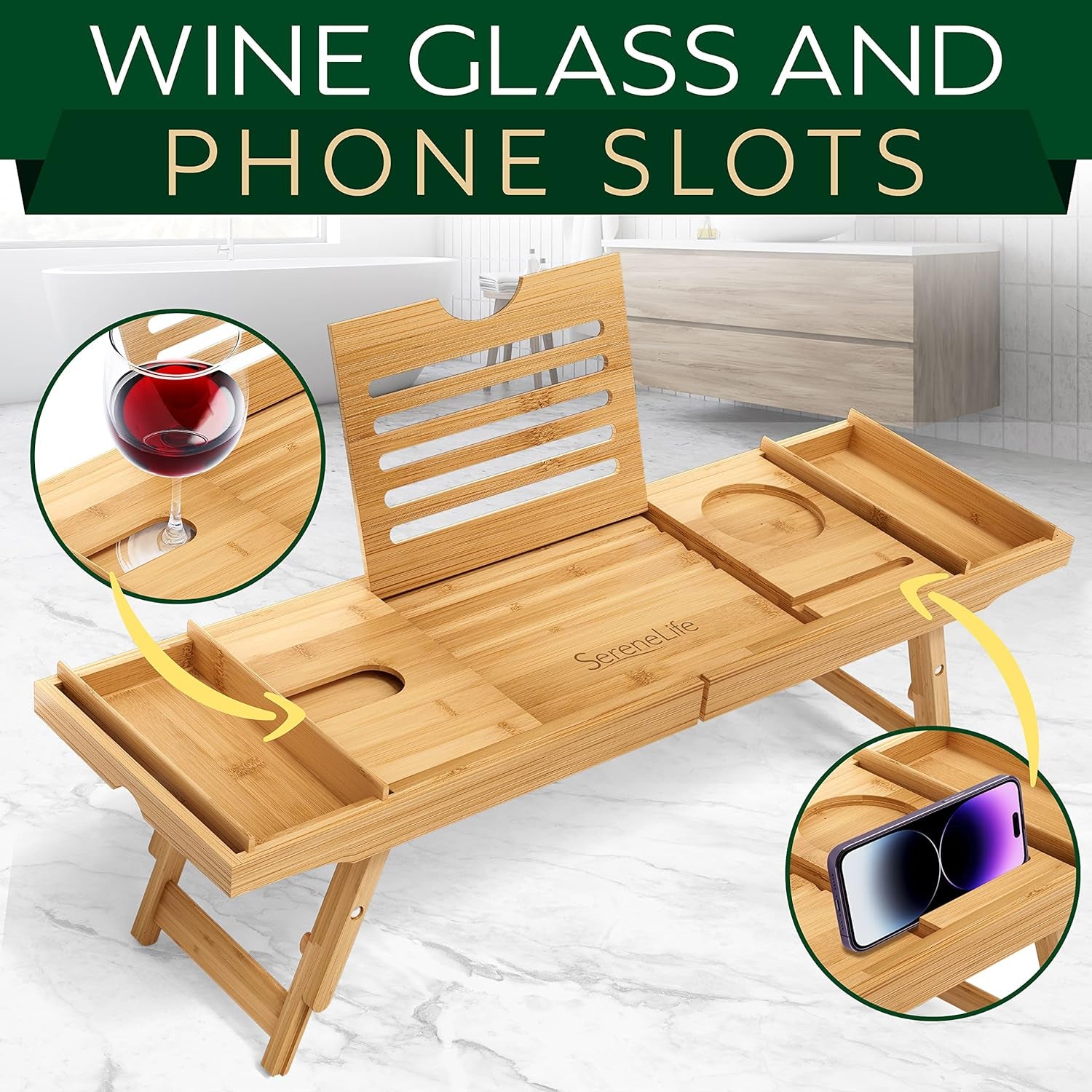 Bamboo Bath Caddy & Bed Tray Combo – Adjustable Waterproof Tray