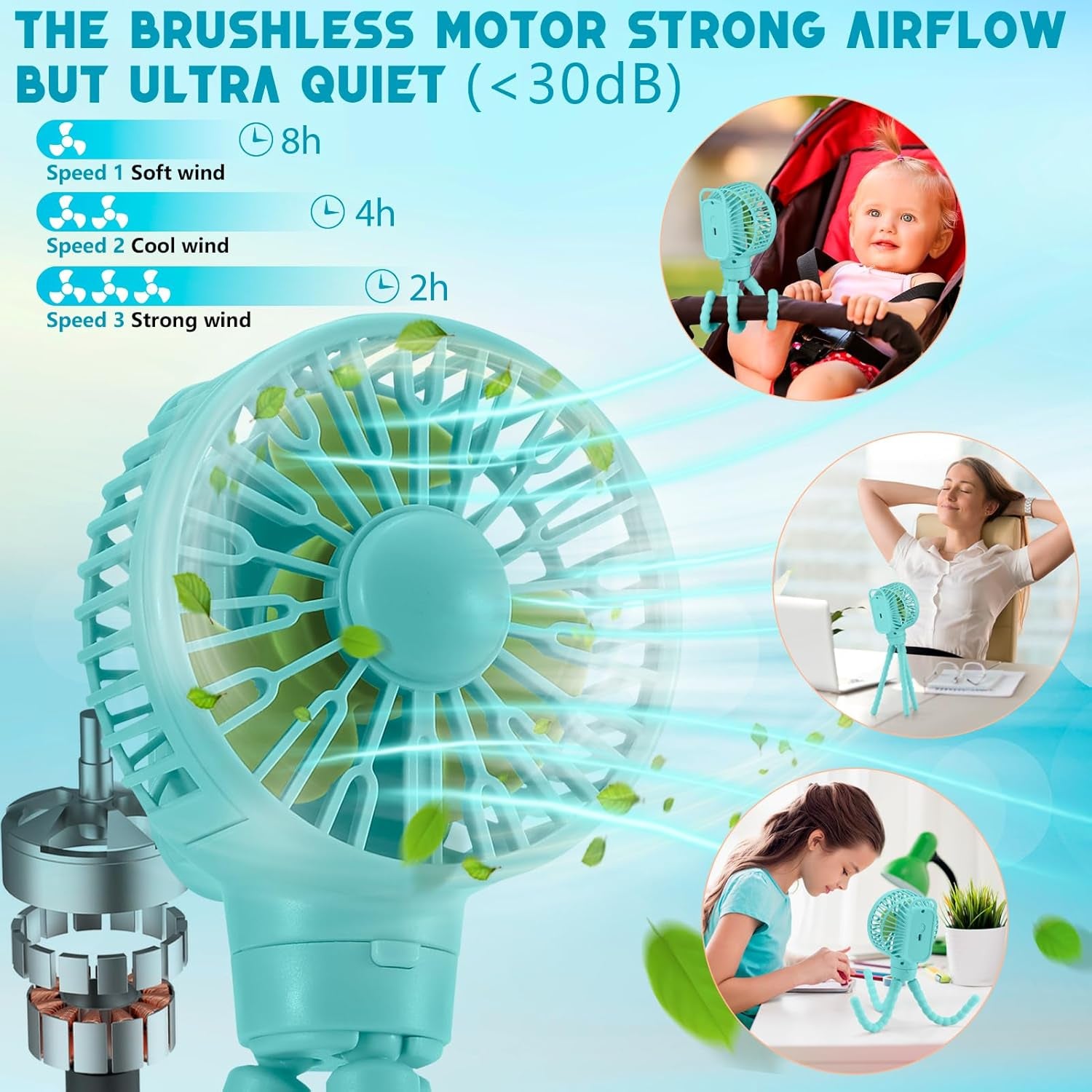 Mini Clip-On Stroller Fan – Flexible Tripod, USB Rechargeable
