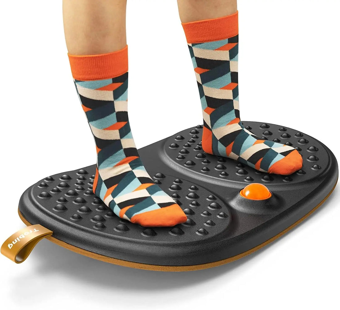 Wooden Standing Desk Balance Board with Rollerball – Anti-Fatigue Mat