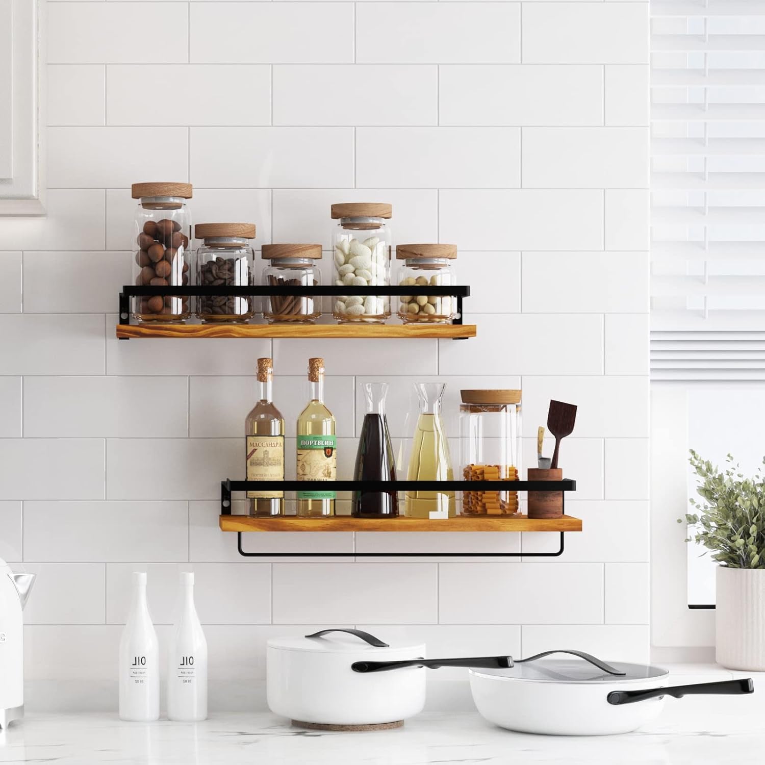 Floating Wall Shelves with Towel Bar – Set of 2 (Carbonized Black)