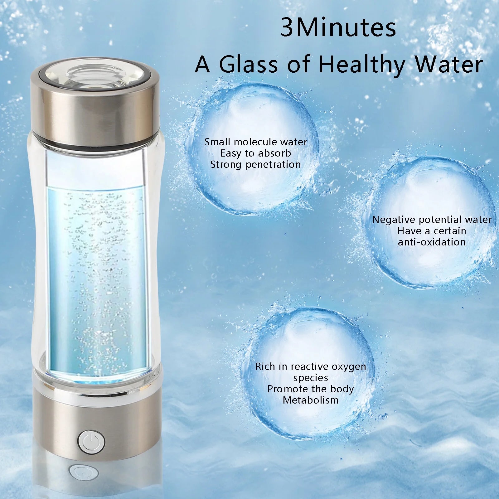 Portable Hydrogen Water Generator Bottle – 420ml Silver