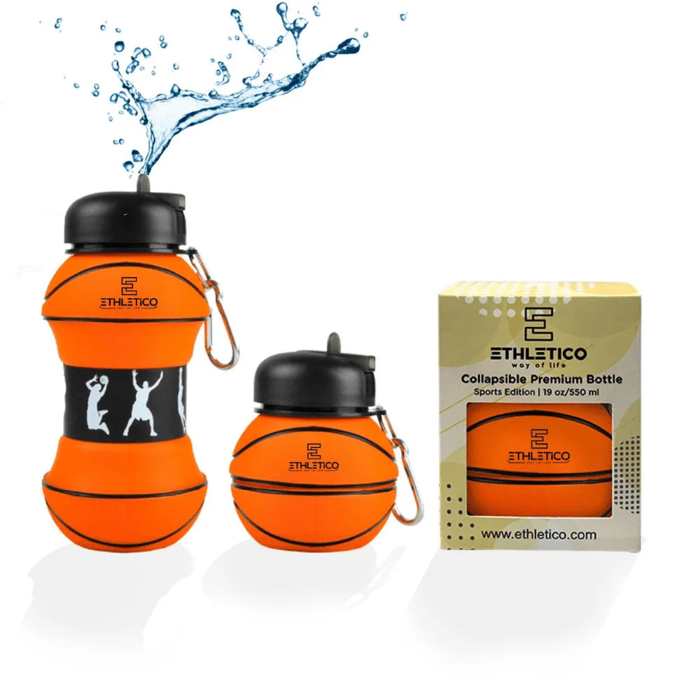 Basketball Silicone Collapsible Water Bottle for Kids, 19oz Leakproof