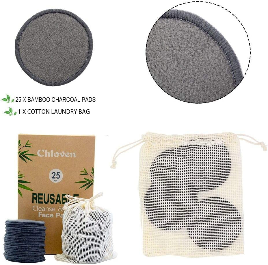 25-Pack Charcoal Bamboo Reusable Makeup Remover Pads with Laundry Bag